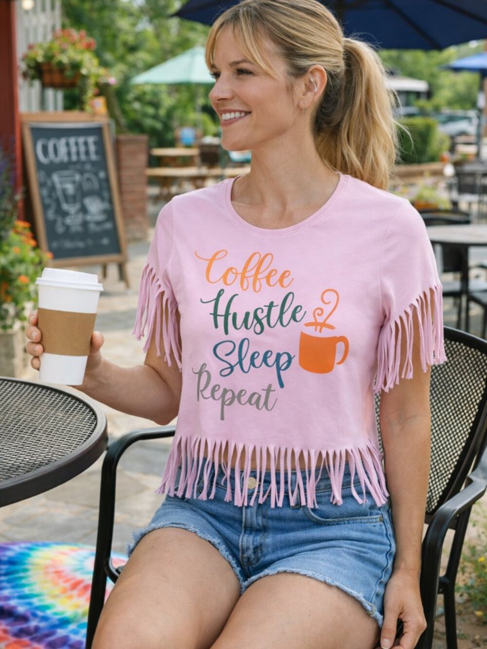 Upcycled Summer Shirt Hustle Graphics Coffee Themed Edgy Fringy Top Sz Medium